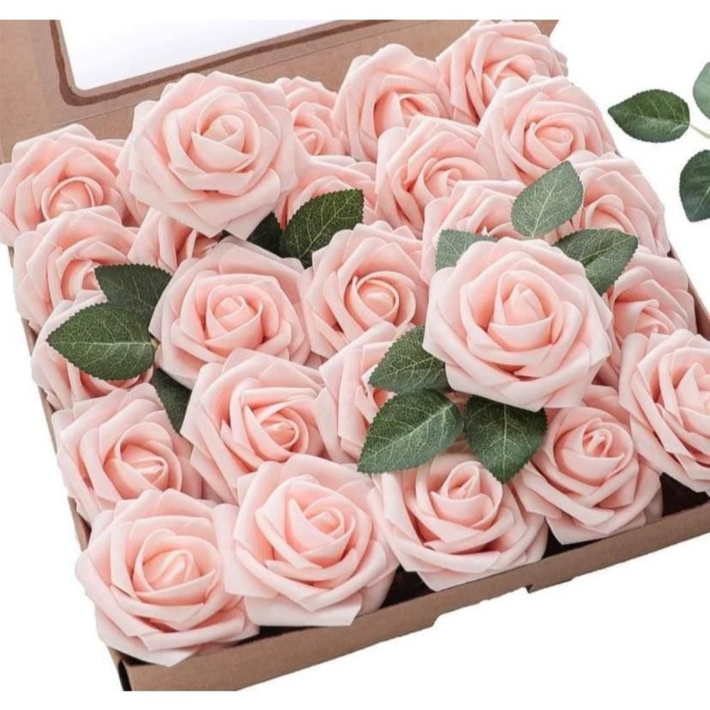 25 count | Blush Roses Faux Flowers Wedding Floral Bouquet Decor ~ Nee
